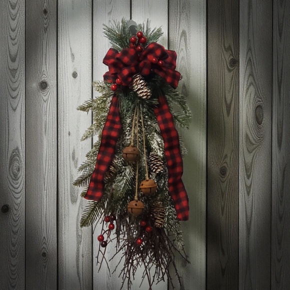 Christmas Holiday Swag Door Hanging Wreath/ Red and Black Buffalo Plaid Ribbon - Picture 2 of 7